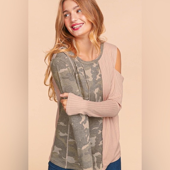 NWT Haptics camo tan cold shoulder long sleeve top - Picture 8 of 9